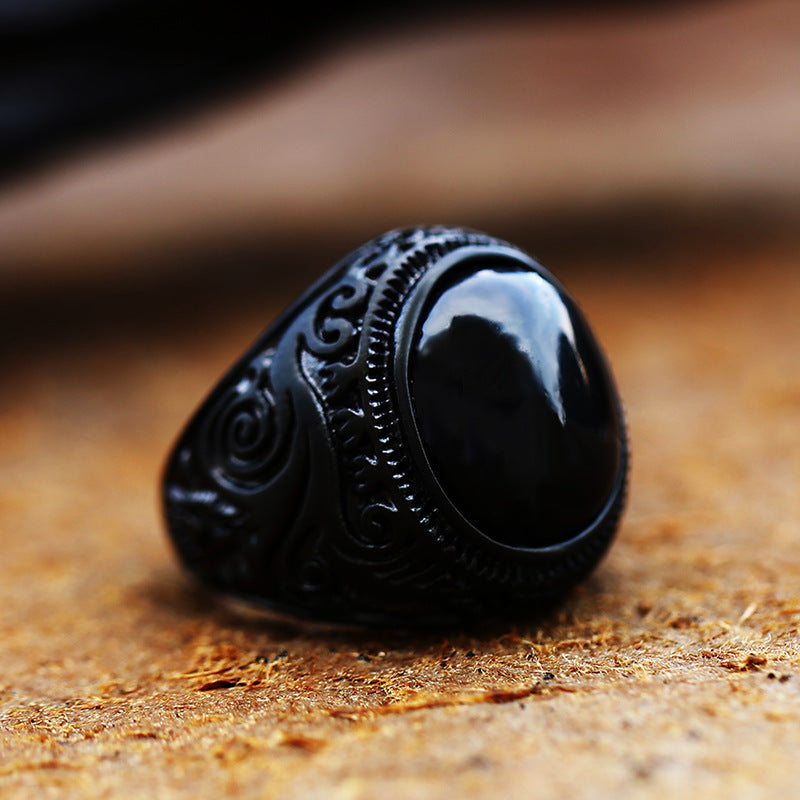 Vintage Stainless Steel Engraved Ring With Gemstones