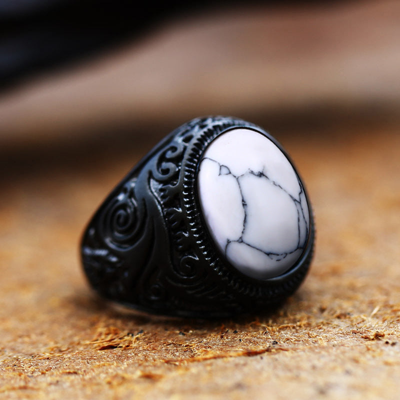 Vintage Stainless Steel Engraved Ring With Gemstones