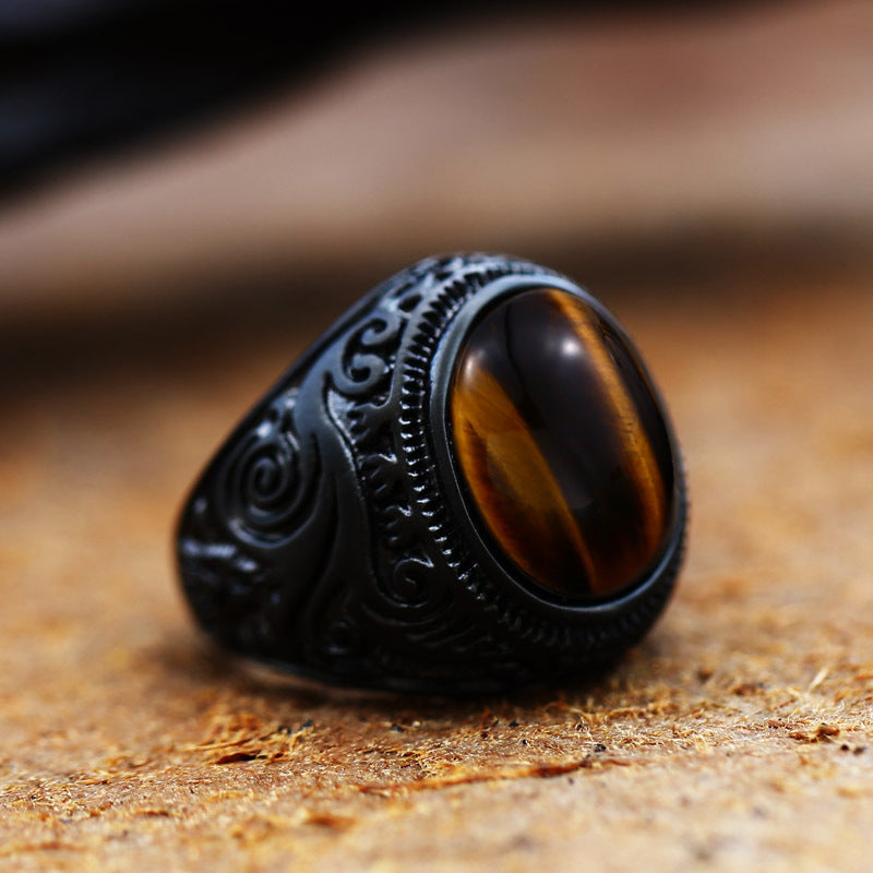 Vintage Stainless Steel Engraved Ring With Gemstones