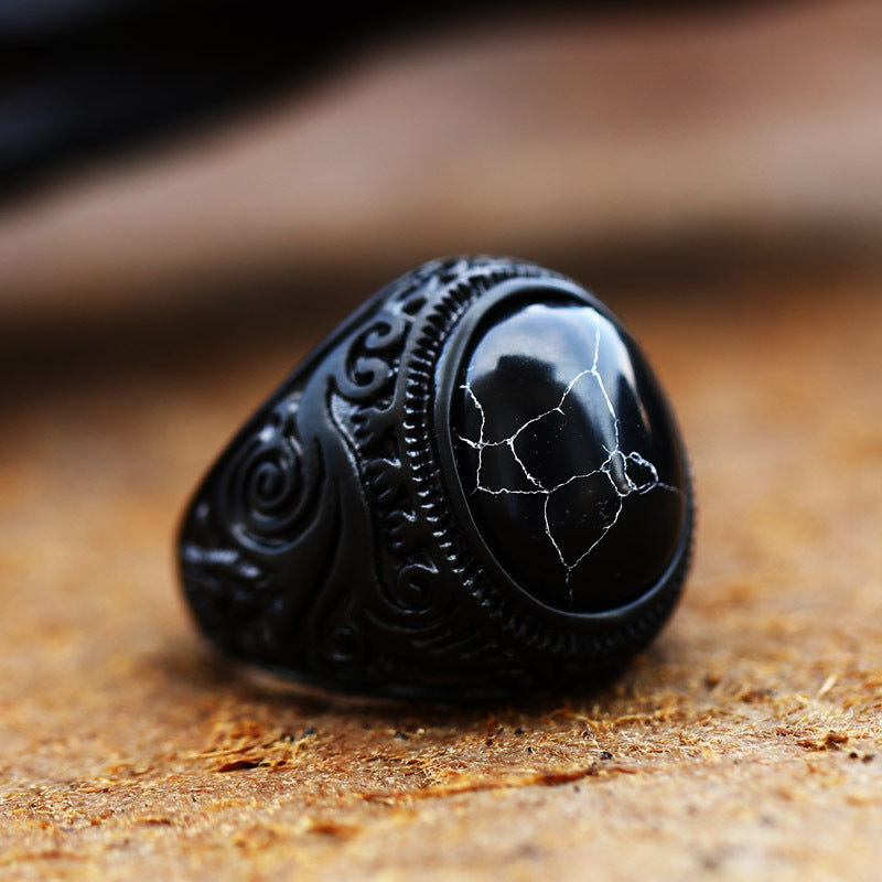 Vintage Stainless Steel Engraved Ring With Gemstones