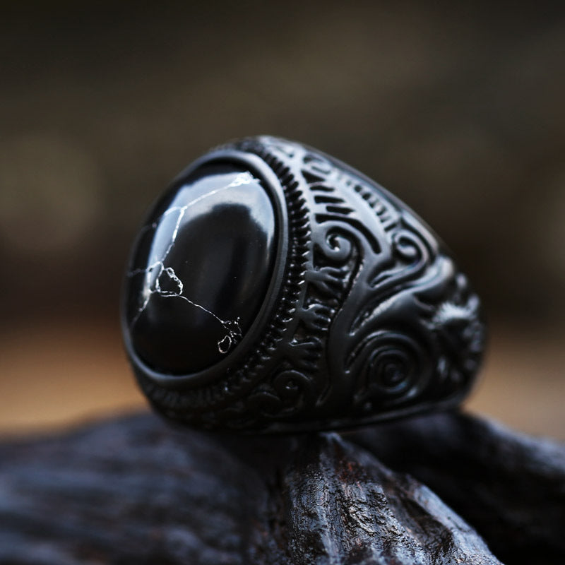 Vintage Stainless Steel Engraved Ring With Gemstones