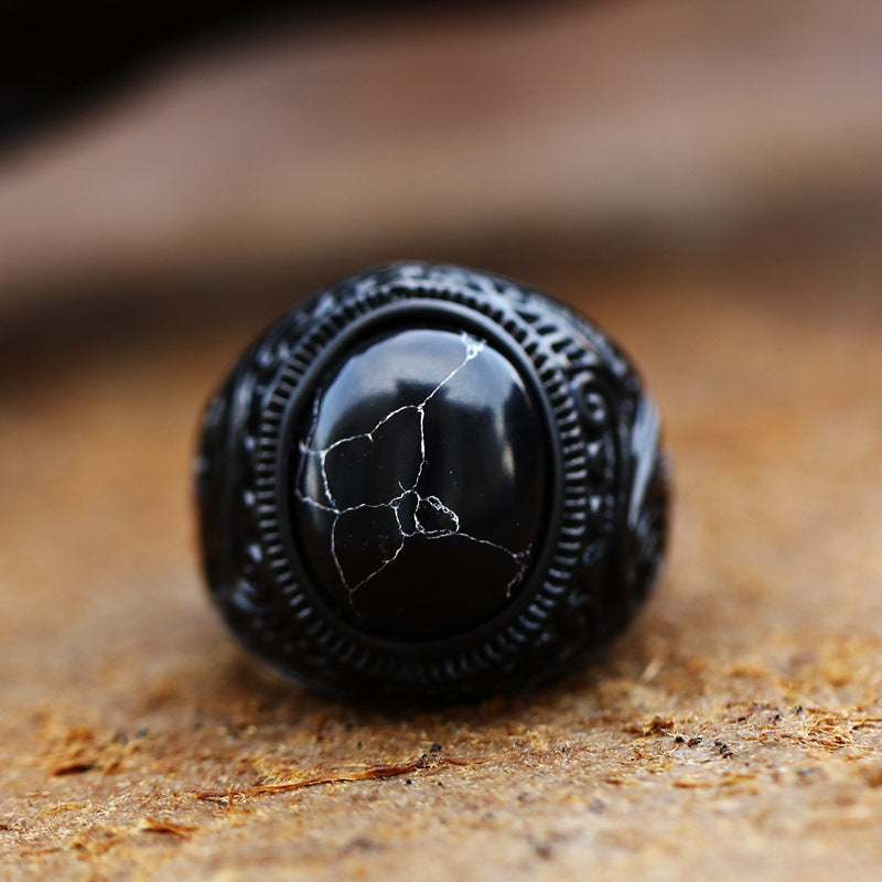 Vintage Stainless Steel Engraved Ring With Gemstones